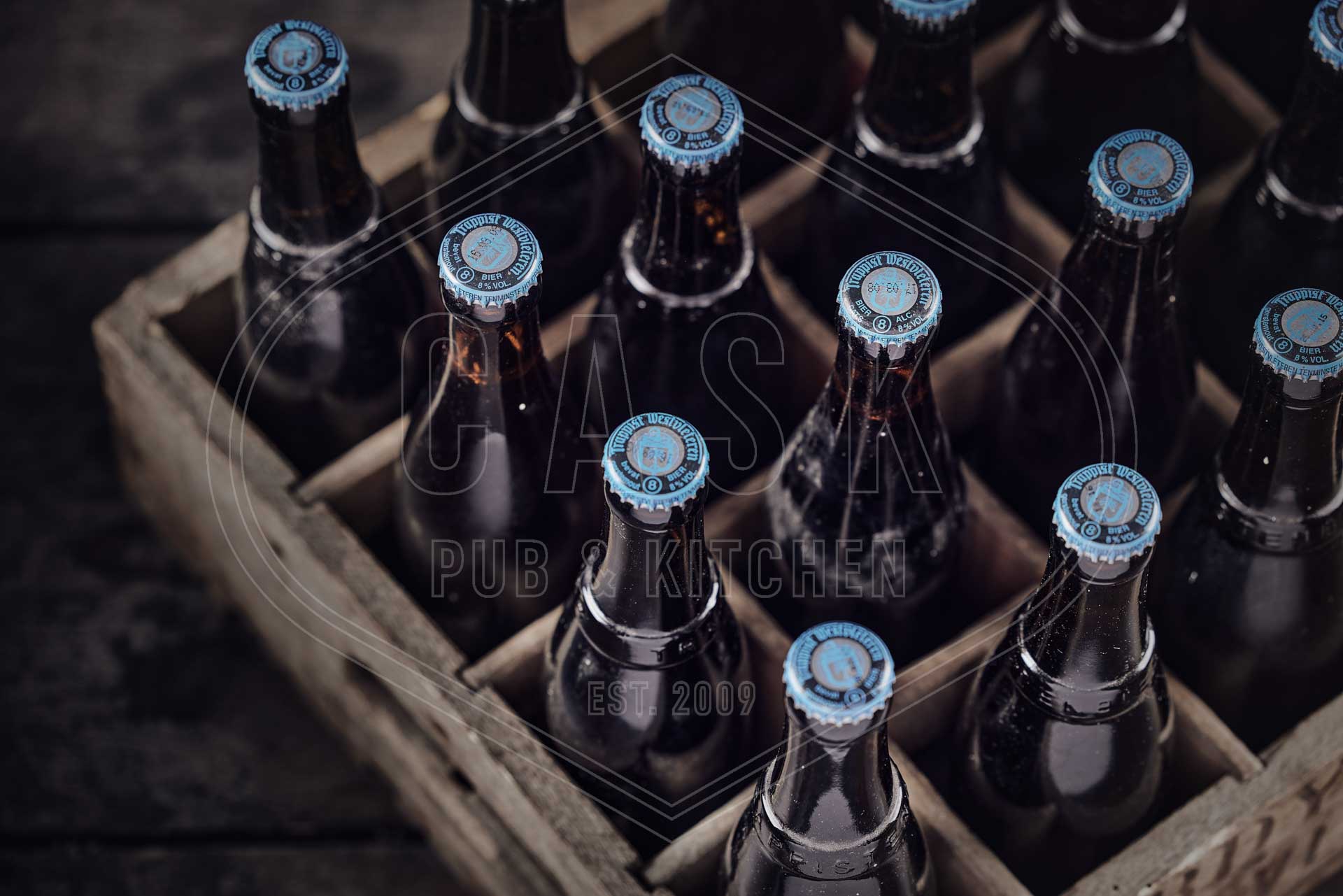 Close up of Blue Trappist Westvleteren bottles