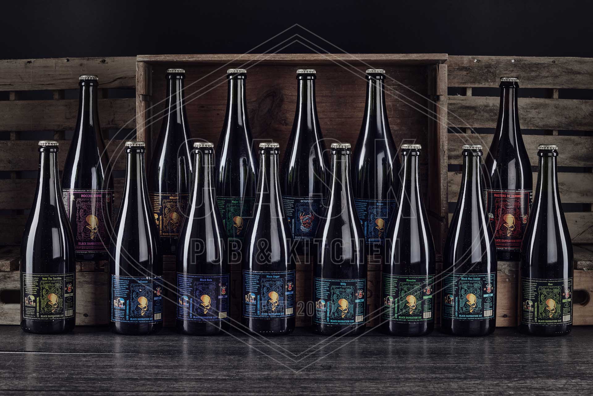Bottles beer on display with skull labels