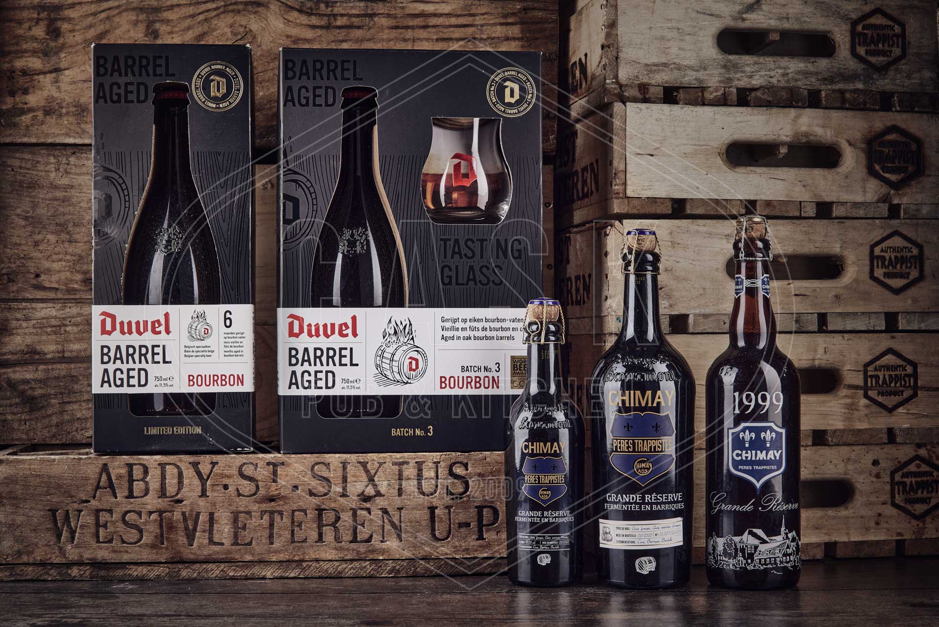 Chimay Trappist beer and bottle and glass set
